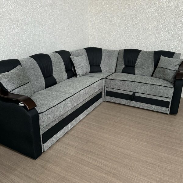 Coltar VALAHIA extensibil, lada de depozitare, stofa gri inchis cu gri deschis, 270x220x90 Gri + Negru