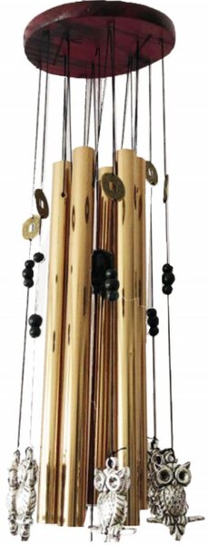 Clopotel de vant cu 6 tuburi sonore metalice aurii pentru casa sau gradina, model Feng-Shui cu bufnite si monede