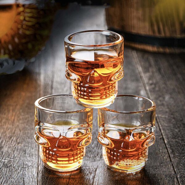 Set 6 pahare din sticla Pufo pentru shoturi, forma de craniu, 50 ml- design original pentru petreceri si bar