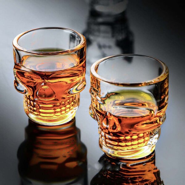 Set 6 pahare din sticla Pufo pentru shoturi, forma de craniu, 50 ml- design original pentru petreceri si bar