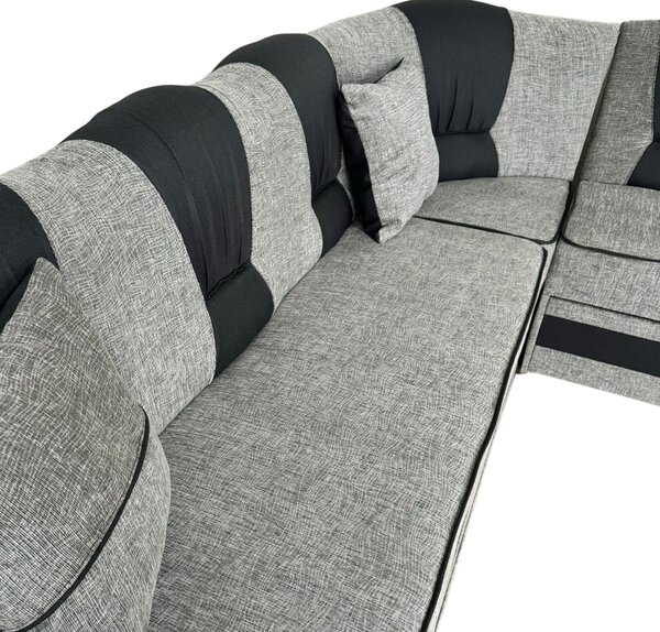 Coltar VALAHIA extensibil, lada de depozitare, stofa gri inchis cu gri deschis, 270x220x90 Gri + Negru