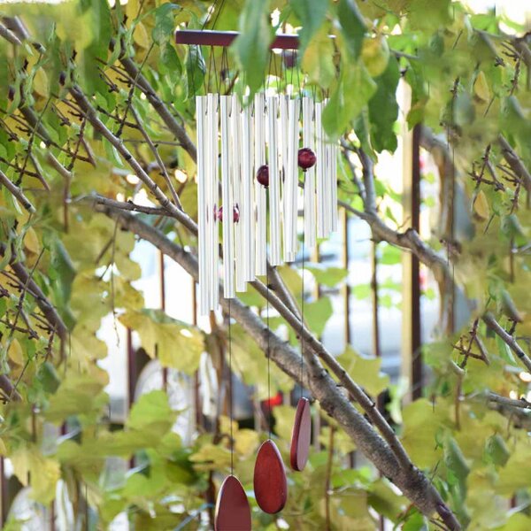 Clopotel de vant cu 12 tuburi sonore metalice argintii pentru casa sau gradina, model Feng-Shui