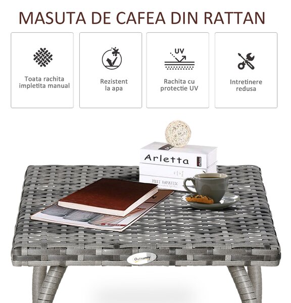 Masa Outsunny din Ratan sintetic pentru Exterior, Gradina, Terasa Impermeabilă Gri 45x45x44cm | Aosom Romania