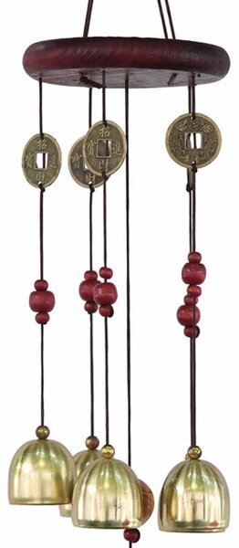 Clopotel de vant cu clopotei si monede aurii pentru noroc si prosperitate, model Feng-Shui, auriu