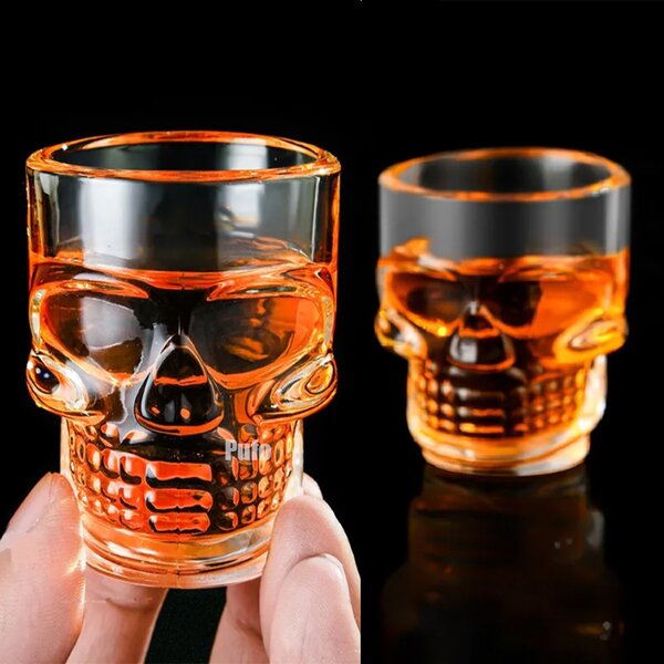 Set 6 pahare din sticla Pufo pentru shoturi, forma de craniu, 50 ml- design original pentru petreceri si bar