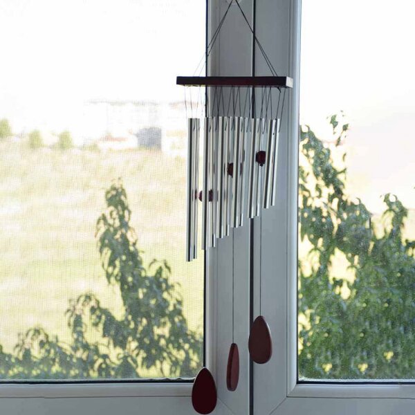 Clopotel de vant cu 12 tuburi sonore metalice argintii pentru casa sau gradina, model Feng-Shui