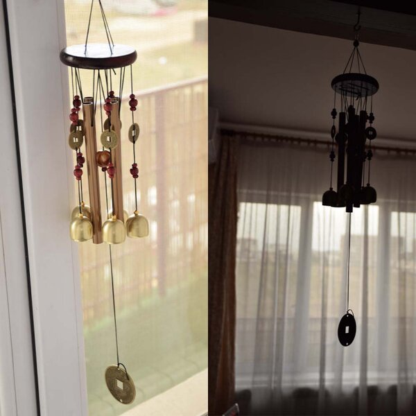 Clopotel de vant cu clopotei si monede aurii pentru noroc si prosperitate, model Feng-Shui