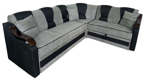Coltar VALAHIA extensibil, lada de depozitare, stofa gri inchis cu gri deschis, 270x220x90 Gri + Negru