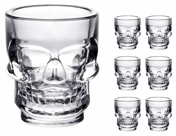 Set 6 pahare din sticla pentru shoturi, forma de craniu, 50 ml, Pufo