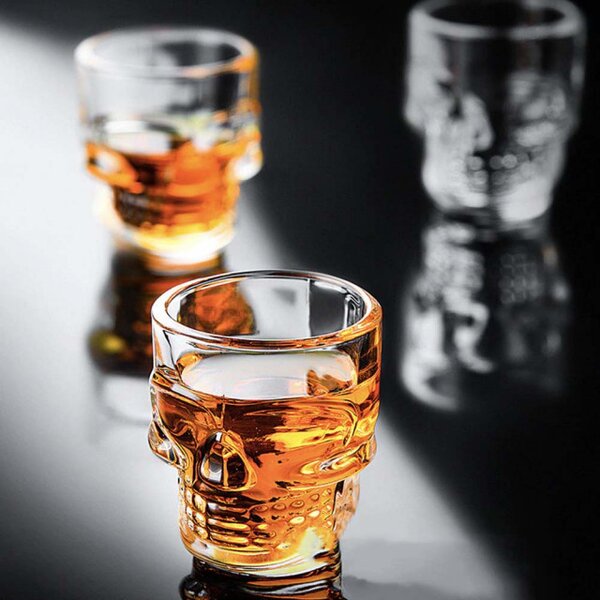 Set 6 pahare din sticla Pufo pentru shoturi, forma de craniu, 50 ml- design original pentru petreceri si bar