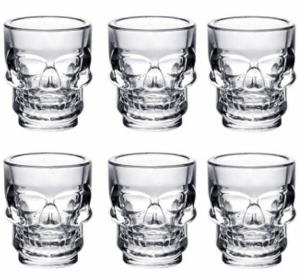 Set 6 pahare din sticla Pufo pentru shoturi, forma de craniu, 50 ml- design original pentru petreceri si bar