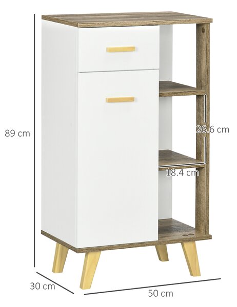 Kleankin Dulap de Baie Modern cu Spațiu de Depozitare, Usă, Sertar, Rafturi, Design Înălțat, 50x30x89 cm, Alb, din Lemn | Aosom Romania