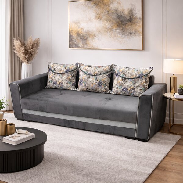Canapea LILI extensibila, 3 locuri, cu lada de depozitare, catifea gri , 220x95x80 Gri, Catifea