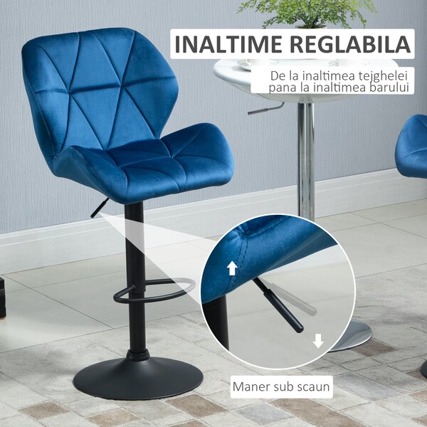 Set 2 scaune de bar, rotative inaltime reglabila, catifea albastra, 51.5x57.5x93-114.5 cm HOMCOM | Aosom Romania