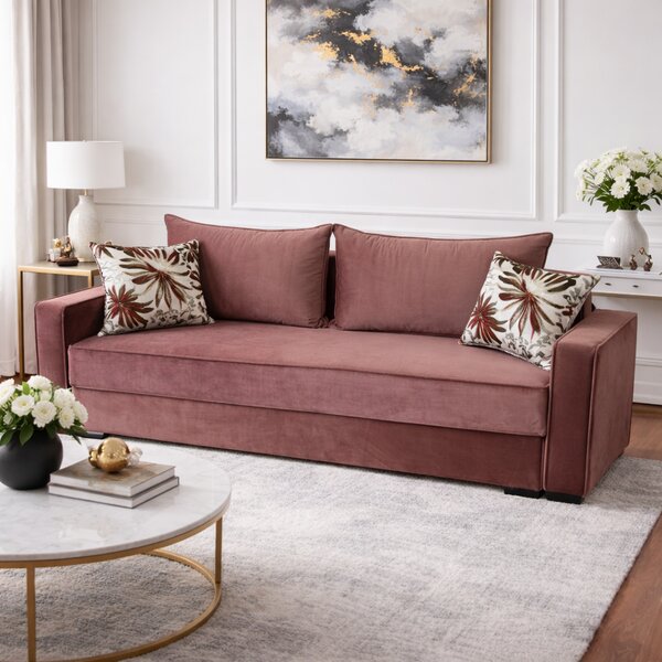Canapea LARISA extensibila, 3 locuri, cu lada de depozitare, catifea roz, 220x95x85 roz, Catifea
