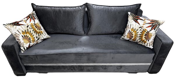 Canapea LARISA extensibila, 3 locuri, cu lada de depozitare, catifea gri inchis cu gri deschis , 220x95x85 Gri Inchis + Gri Deschis, Catifea