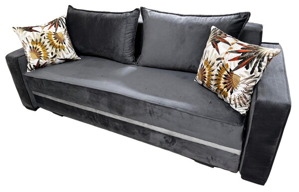Canapea LARISA extensibila, 3 locuri, cu lada de depozitare, catifea gri inchis cu gri deschis , 220x95x85 Gri Inchis + Gri Deschis, Catifea