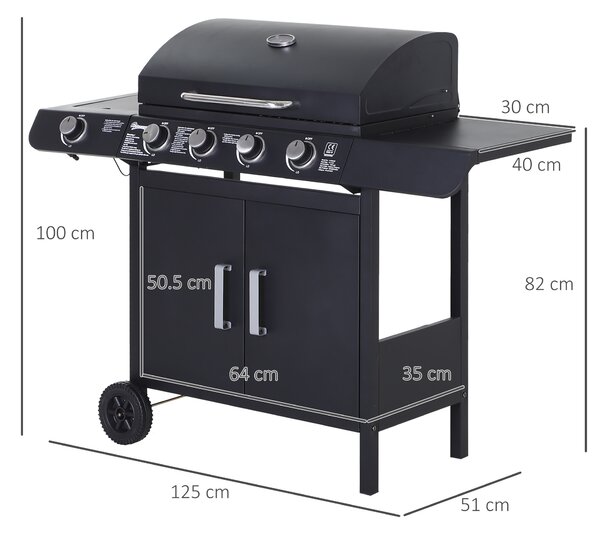 Outsunny Gratar pe Gaz cu 5 Arzatoare Rafturi Laterale si Dulap Inferior cu Usa, Gratar de Gradina cu Roti din Otel si PP, 125x51x100 cm, Negru