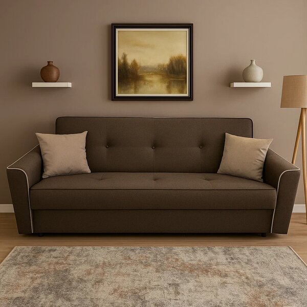 Canapea VERA extensibila, 3 locuri, lada de depozitare, stofa maro + crem, 225x90x90 Maro + Crem, Stofa