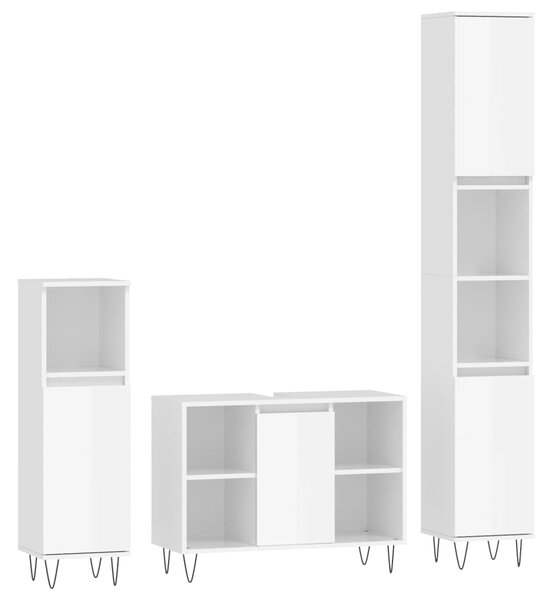 Set mobilier de baie, 3 piese, alb extralucios, lemn compozit