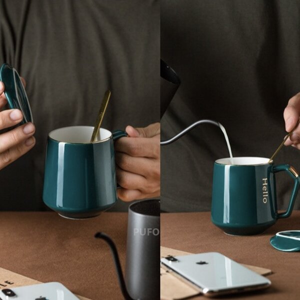 Cana cu capac din ceramica si lingurita Pufo Elegance pentru cafea sau ceai, 300 ml, verde