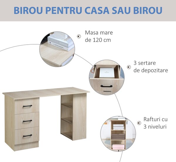 Birou HOMCOM pentru Calculator, cu 3 Sertare și 3 Rafturi, Ideal pentru Acasă și Birou, Lemn, 120x49x72cm | Aosom Romania