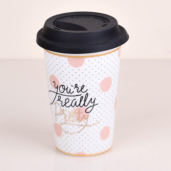 Cana ceramica de voiaj Pufo pentru cafea cu capac din silicon, 415 ml, model You're pretty