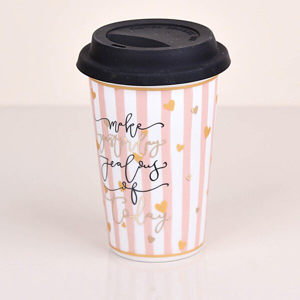 Cana ceramica de voiaj Pufo pentru cafea cu capac din silicon, 415 ml, model Make jealous