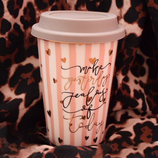 Cana ceramica de voiaj Pufo pentru cafea cu capac din silicon, 415 ml, model Make jealous