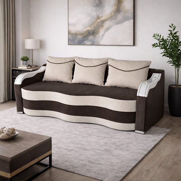 Canapea DIANA extensibila, 3 locuri, cu lada de depozitare, catifea maro cappuccino si crem , 220x100x80 Maro Cappuccino + Crem, Catifea