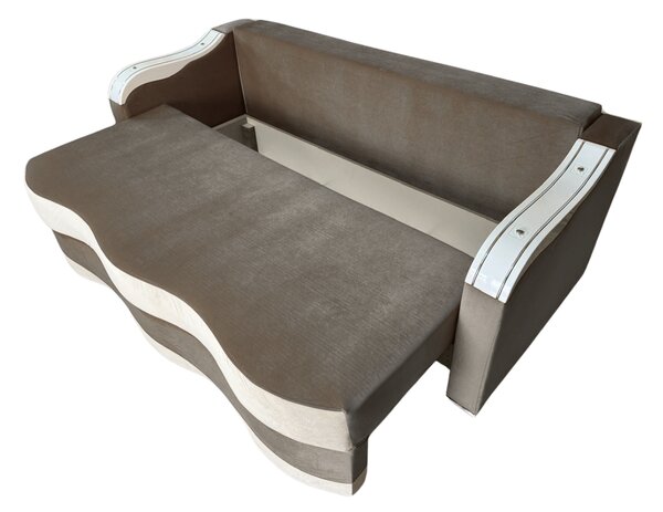 Canapea DIANA extensibila, 3 locuri, cu lada de depozitare, catifea maro cappuccino si crem , 220x100x80 Maro Cappuccino + Crem, Catifea