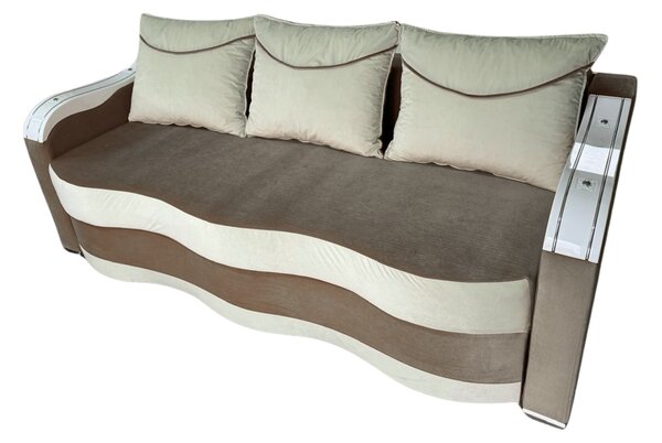 Canapea DIANA extensibila, 3 locuri, cu lada de depozitare, catifea maro cappuccino si crem , 220x100x80 Maro Cappuccino + Crem, Catifea