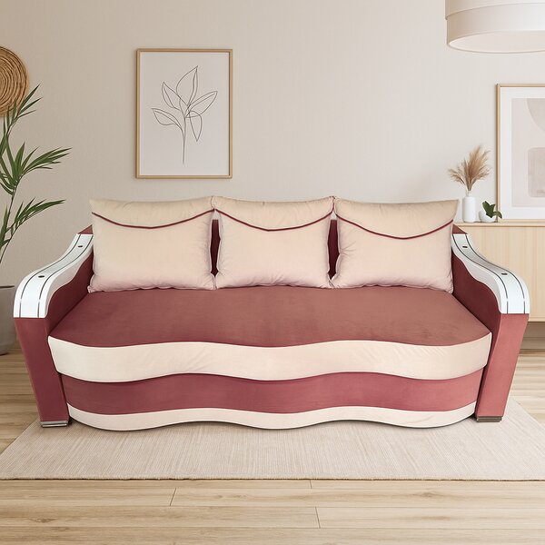 Canapea DIANA extensibila, 3 locuri, cu lada de depozitare, catifea crem cu roz, 220x100x85 Roz + Crem, Catifea