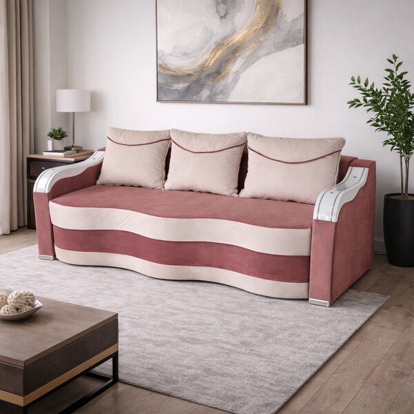 Canapea DIANA extensibila, 3 locuri, cu lada de depozitare, catifea maro cappuccino si crem , 220x100x80 Maro Cappuccino + Crem, Catifea
