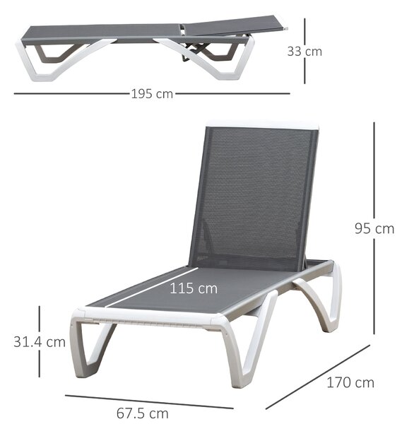 Outsunny Sezlong de Grădină cu Spătar Reglabil pe 5 Niveluri și Roți, Aluminiu și Textilena, Gri și Alb, 195x67.5x33 cm | Aosom Romania