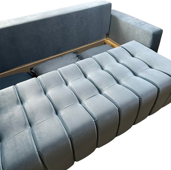 Canapea ZARA extensibila, 3 locuri, cu lada de depozitare, catifea albastru deschis , 220x95x80 Albastru Deschis, Catifea