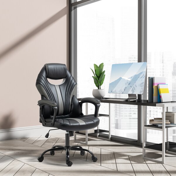 Vinsetto Scaun Gaming Stil Office, Imitație Piele PU, Negru/Gri, Înălțime Ajustabilă, Sezut Rotativ, 63x68x105-113cm | Aosom Romania