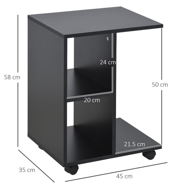 HOMCOM Masă Laterală Mobilă în Formă de C cu 2 Rafturi și 4 Roți Pivotante PAL Negru 45x35x58cm | Aosom Romania
