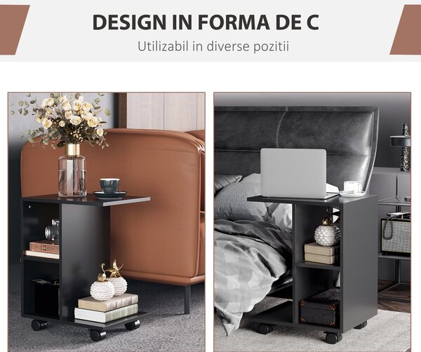 HOMCOM Masă Laterală Mobilă în Formă de C cu 2 Rafturi și 4 Roți Pivotante PAL Negru 45x35x58cm | Aosom Romania