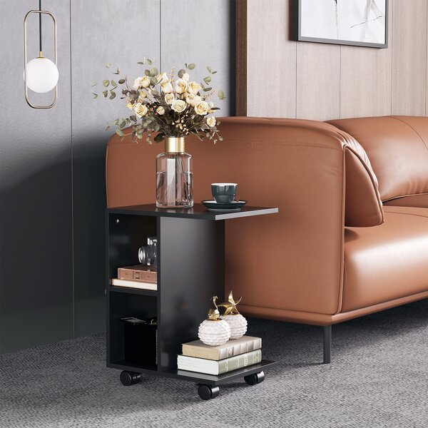 HOMCOM Masă Laterală Mobilă în Formă de C cu 2 Rafturi și 4 Roți Pivotante PAL Negru 45x35x58cm | Aosom Romania