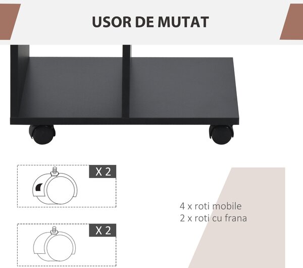 HOMCOM Masă Laterală Mobilă în Formă de C cu 2 Rafturi și 4 Roți Pivotante PAL Negru 45x35x58cm | Aosom Romania