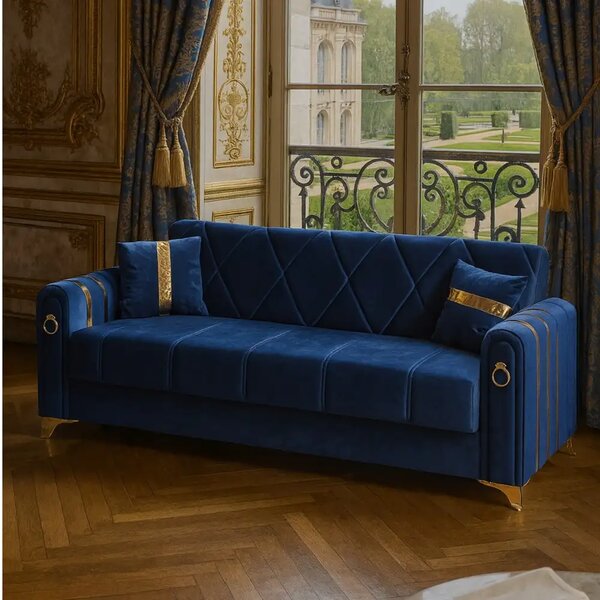 Canapea extensibila cu lada de depozitare 220x87x93 cm ,albastru, detalii aurii –Camara