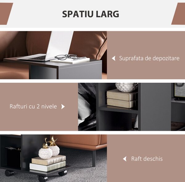 HOMCOM Masă Laterală Mobilă în Formă de C cu 2 Rafturi și 4 Roți Pivotante PAL Negru 45x35x58cm | Aosom Romania