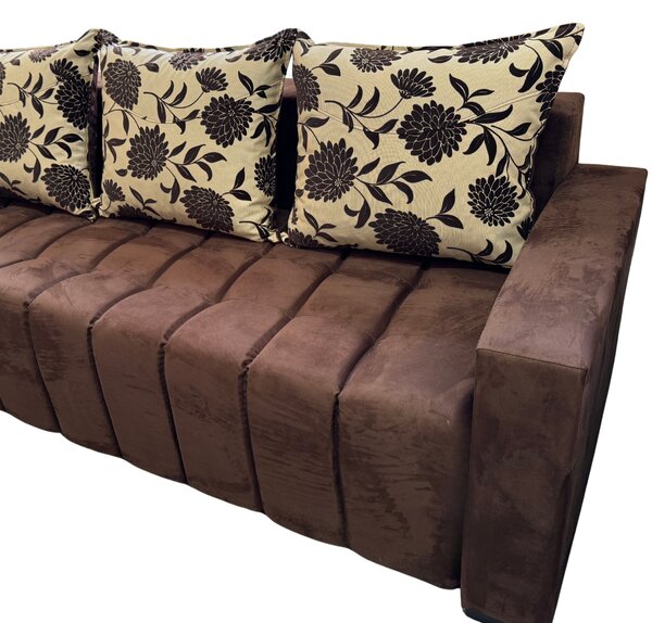Canapea ZARA extensibila, 3 locuri, cu lada de depozitare, stofa suede maro si bej , 220x95x80 Maro + Bej, Stofa Suede