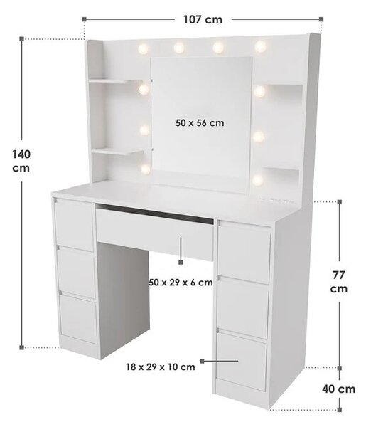 Juskys Masa de toaletă Malia cu iluminare LED - albă