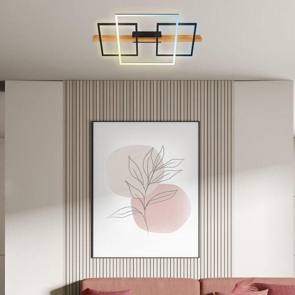 Briloner Plafonieră LED Cadre, CCT, 75cm, negru, lemn, reglabil, Lemn, Camera de zi / sufragerie, Lemn, Modern