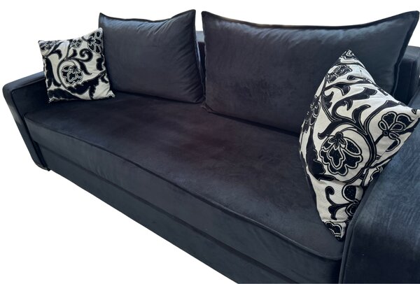 Canapea LARISA extensibila, 3 locuri, lada de depozitare , catifea negru, 220x95x85 Negru, Catifea
