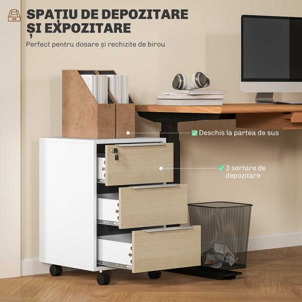 HOMCOM Dulap de Birou cu 3 Sertare, 4 Roți, Comodă de Birou cu Sistem de Blocare și 2 Chei pentru Documente Format A4, Dulap Vertical pentru Studiu, 40x40x63.5 cm, Alb și Stejar | Aosom Romania