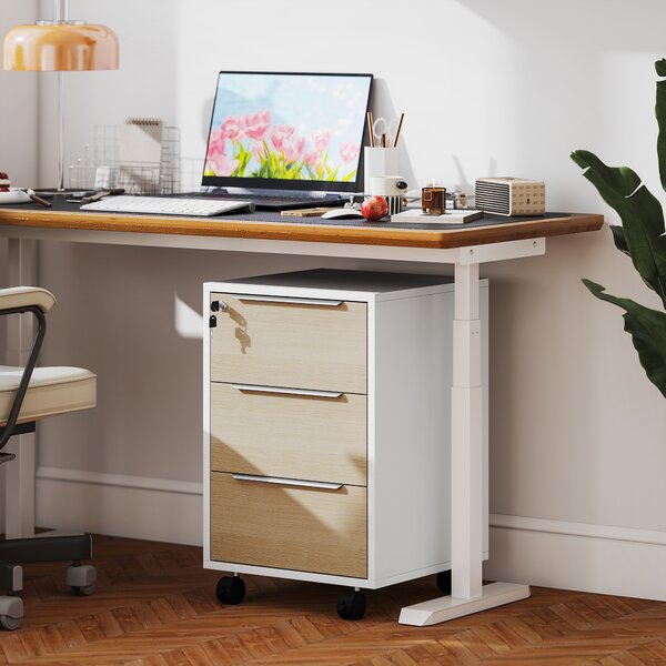 HOMCOM Dulap de Birou cu 3 Sertare, 4 Roți, Comodă de Birou cu Sistem de Blocare și 2 Chei pentru Documente Format A4, Dulap Vertical pentru Studiu, 40x40x63.5 cm, Alb și Stejar | Aosom Romania