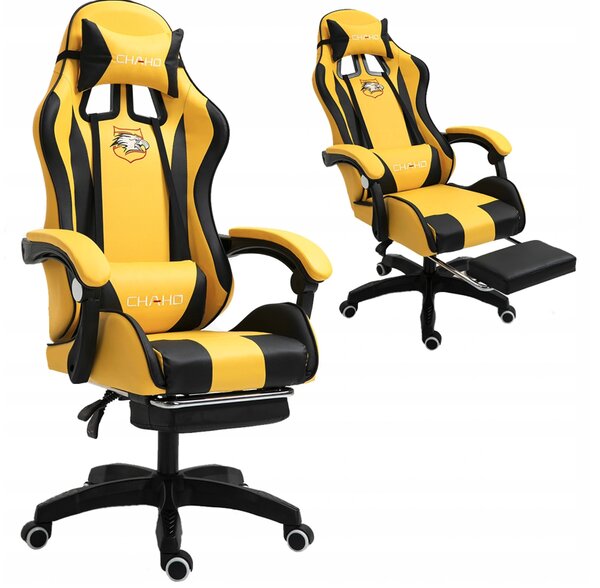 Scaun de gaming, cu tetieră, negru-galben